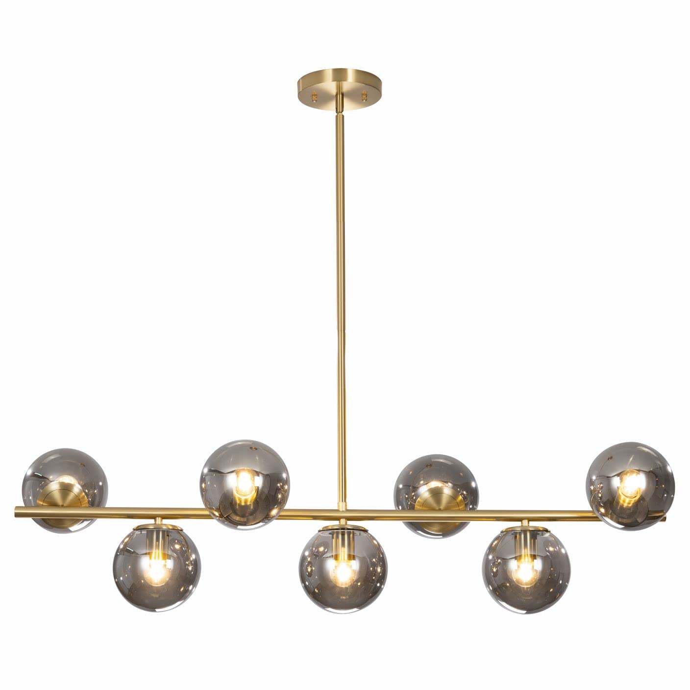 Kco Mid Century Modern 7-Light Gold Brass Sputnik Chandelier With Smoke Glass Spheres