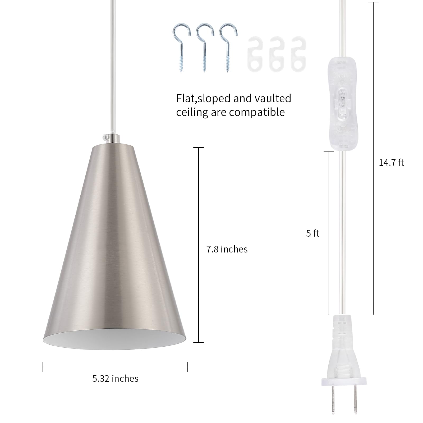 Dijiahua Brushed Nickel Plug In Pendant Light, Modern Mini Chandelier For Kitchen & Bedroom