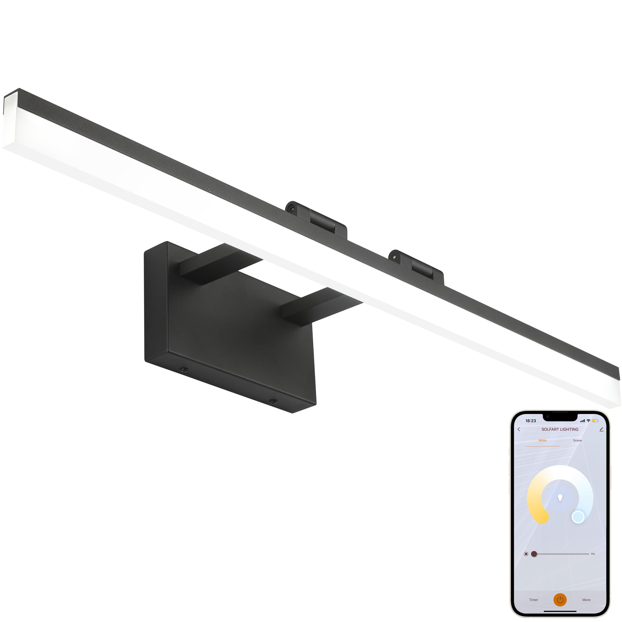 Solfart Adjustable Led Bathroom Vanity Light 31.5 Black Aluminum Over Mirror, App Control, Brightness & Color Adjustable