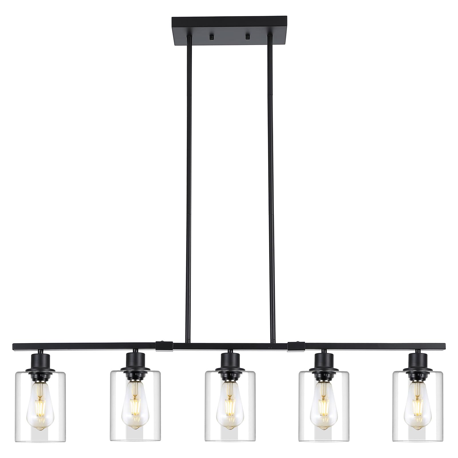 3WWWUEE 39.4'' Kitchen Island Lighting, 5 Lights Clear Glass Pendant Light Fixtue, Black Linear Metal Chandelier for Dining&Livi