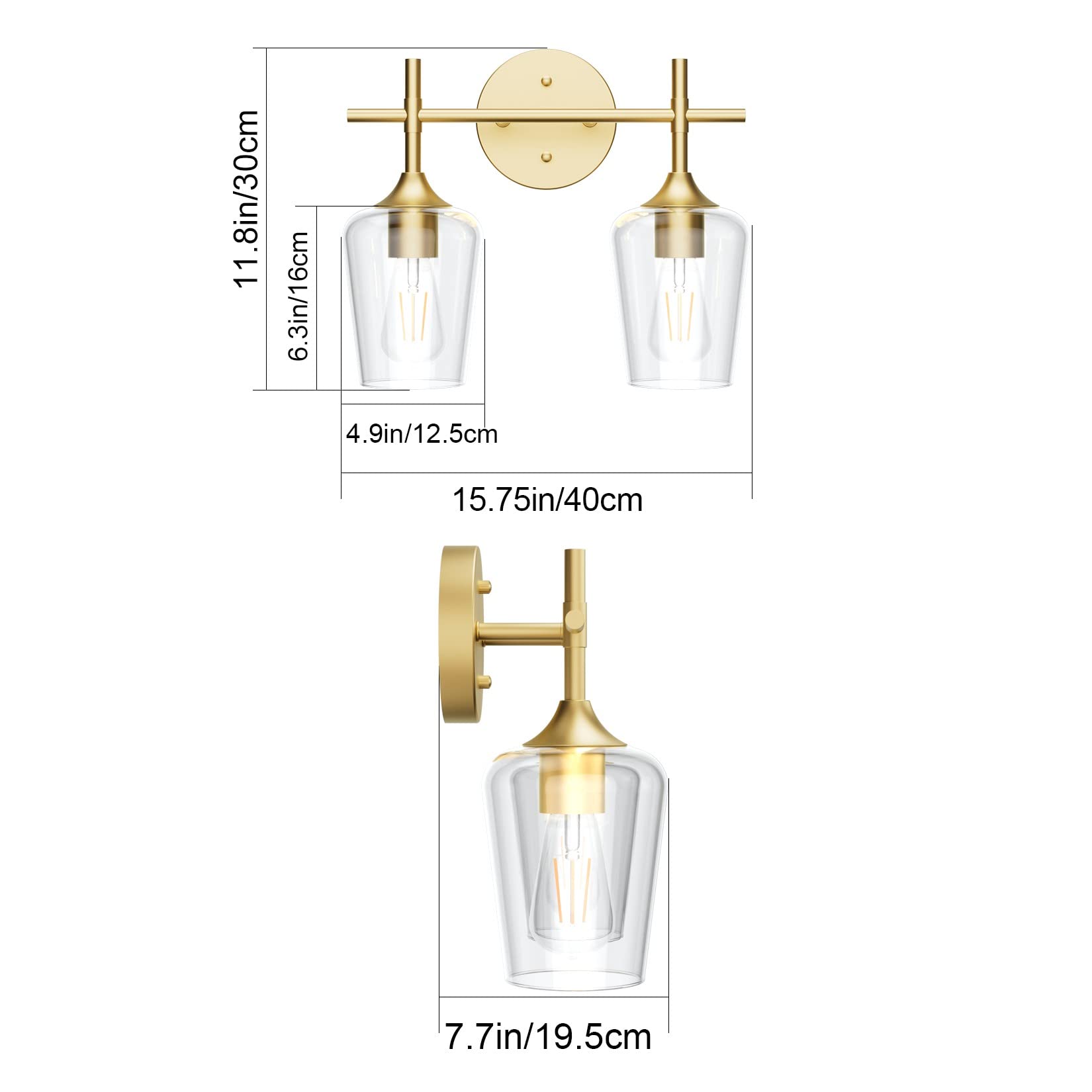 Ralbay Gold Bathroom Light Fixtures 2-Light Glass Wall Sconce Vanity Lighting Model 2031