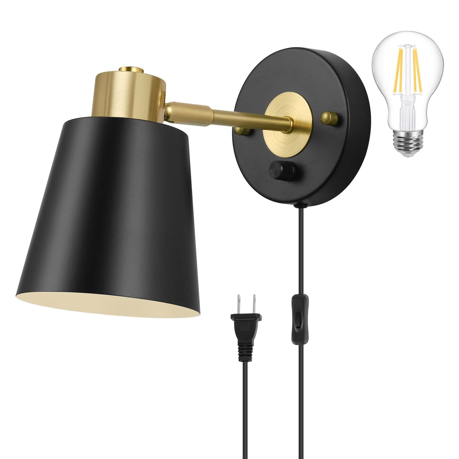 VATONI Plug in Wall Sconce, Dimmable Adjustable Light, 1 Pack, Black, Brass, Stlamp-Blk-1P, One Bulb Included