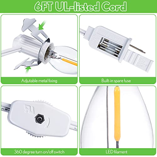 Hiboom LED Light Bulb Lamp Kit - 2 Piece Accessory Cord with On/Off Switch, 6Ft, White, Polycarbonate for Christmas Village Decorations