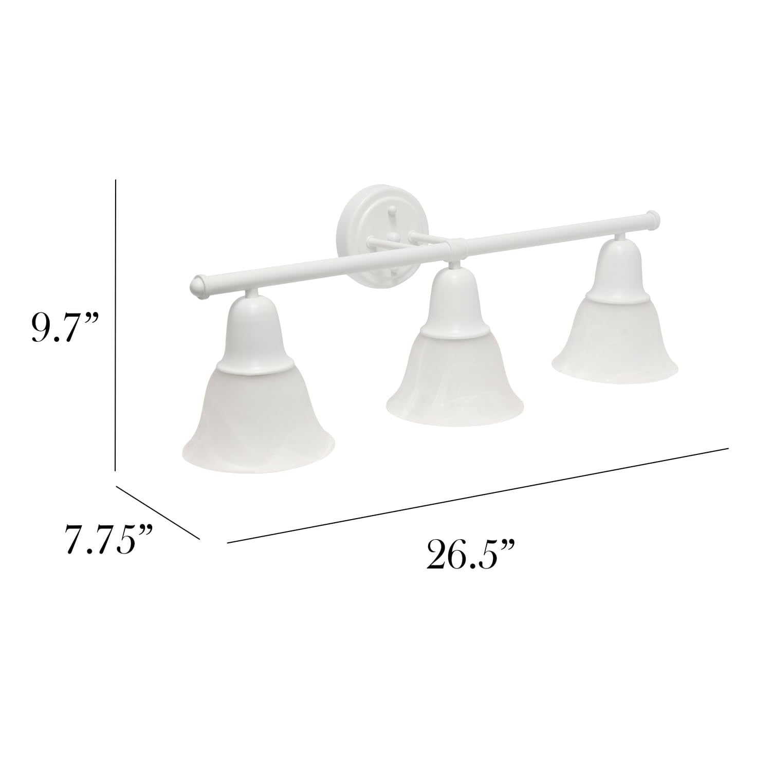 Simple Designs VT1027-WHT 26.5 Classic 3 Light Straight Metal Bar and Frosted Marble White Bell Shape Glass Shades Decorative Wa