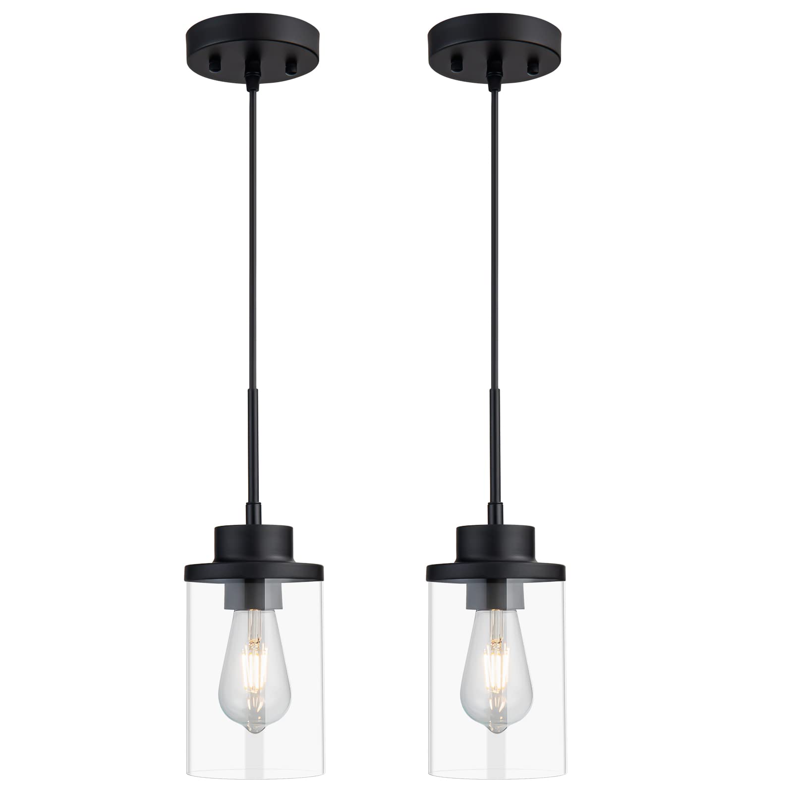 Dalivol Modern Black Farmhouse Clear Glass Cylinder Pendant Light Fixture, Single Hanging Pendant Lighting For Kitchen Island, Dining Room, Foyer & Hallway(2 Packs)