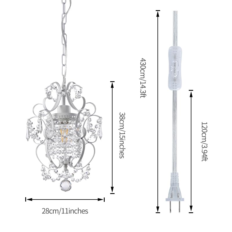 riomasee Plug in Chandelier Hanging Light Fixture with 14.27 Ft Hanging Cord and On/Off Switch,Mini White Crystal Chandelier Lig