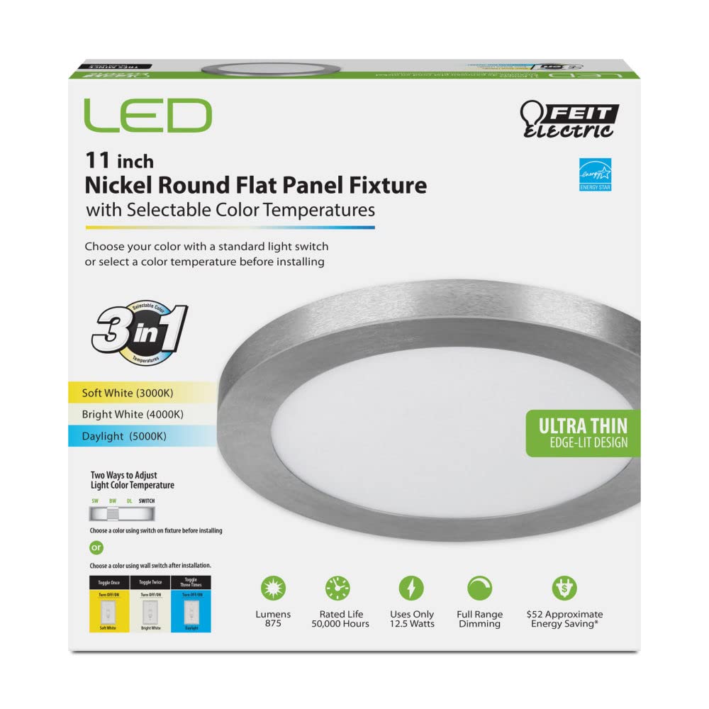 Feit Electric LED Flat Panel Light Fixture, 11 in. x 11 in., Nickel, Model FP11/4WY/NK, Plastic Material