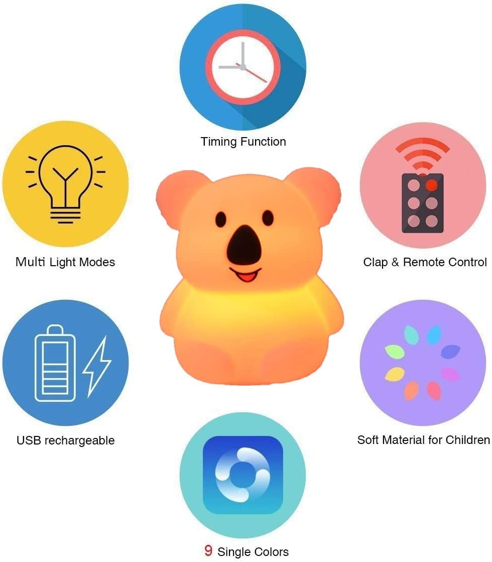 Tekemai Night Light for Kids, Adjustable Brightness & Color, Touch Control, Medium Koala, White, Model TC891-4