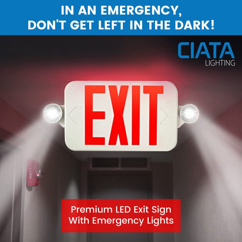 Ciata Lighting All Led Decorative Red Exit Sign & Emergency Light Combo With Battery Backup