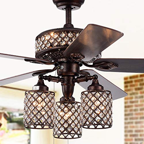 Warehouse of Tiffany Ceiling Fan CFL-8347RB, 52-Inch, Rustic Bronze, Metal, Lighted Crystal Grid Shade