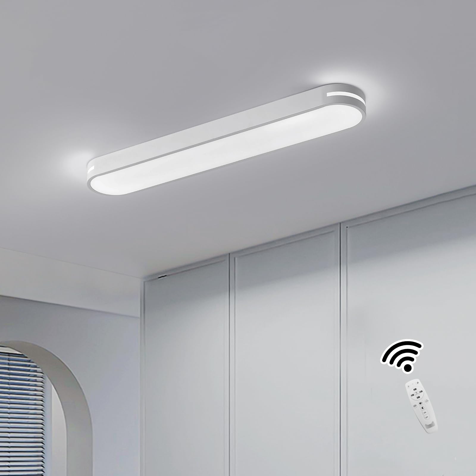 Becailyer Modern LED Linear Ceiling Lights  Dimmable LED Ceiling Lamp with Remote Control  31.4 Metal Flush Mount Ceiling Lighting Fixtures for Living Room Kitchen Dining Room Hallway  White