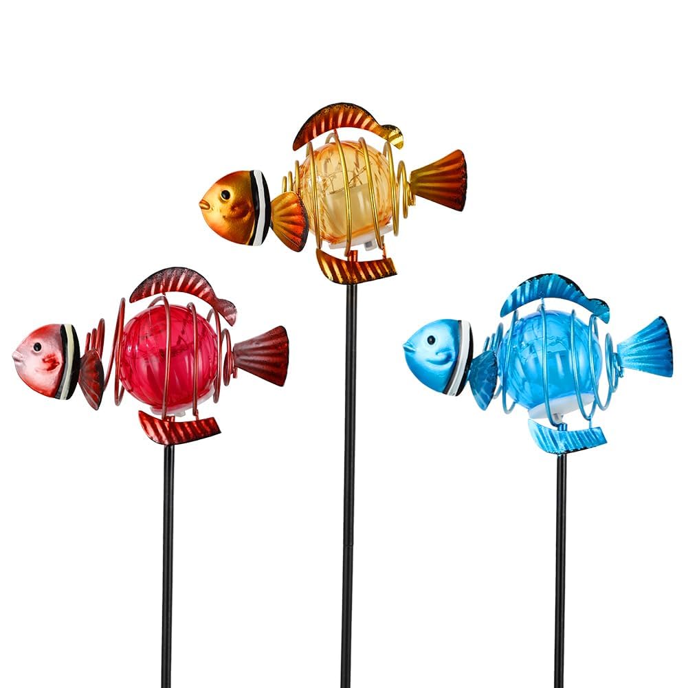 SATHGA Fish 3Pack 21.3H Outdoor Figurine Lights, Multicolor Clownfish Solar Garden Decor with Led Lights, Decorative Garden St