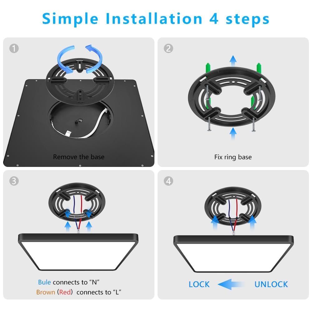 12Inch 24W Square Led Ceiling Light Fixtures Flush Mount  5000K Daylight White Led Ceiling Lamp  Surface Mount Modern Ceiling Lights  Black Slim Flat Panel Lighting For Bedroom  Kitchen  Bathroom Etc