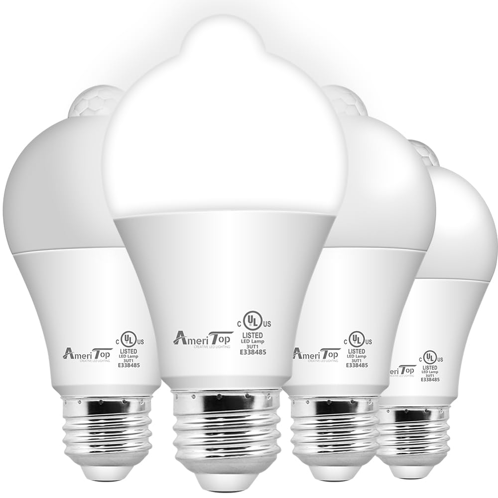 AmeriTop Motion Sensor Light Bulb, 10W (60W Equivalent), 806lm, UL Listed, A19, E26, 5000K Daylight, 4 Pack