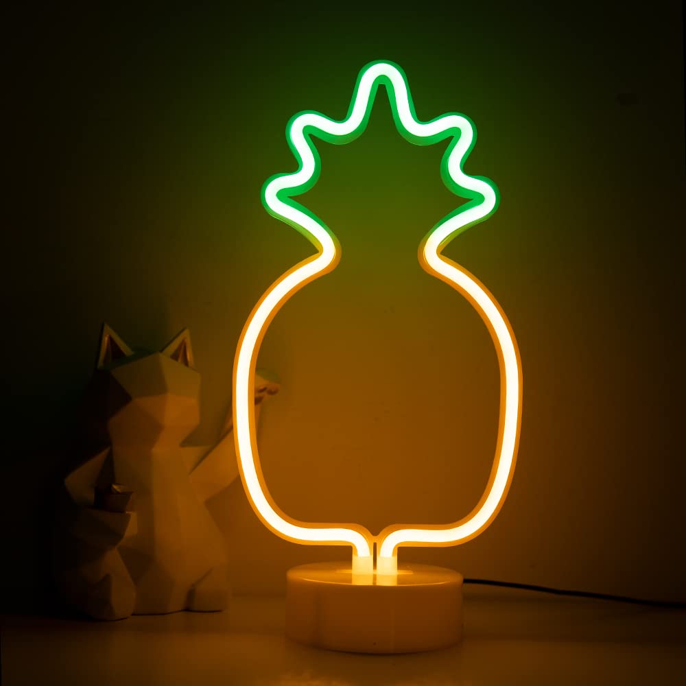 Enuoli Pineapple Neon Signs Warm White Led Neon Light Sign With Holder Base Indoor Decor Battery Operated Lights For Home Party