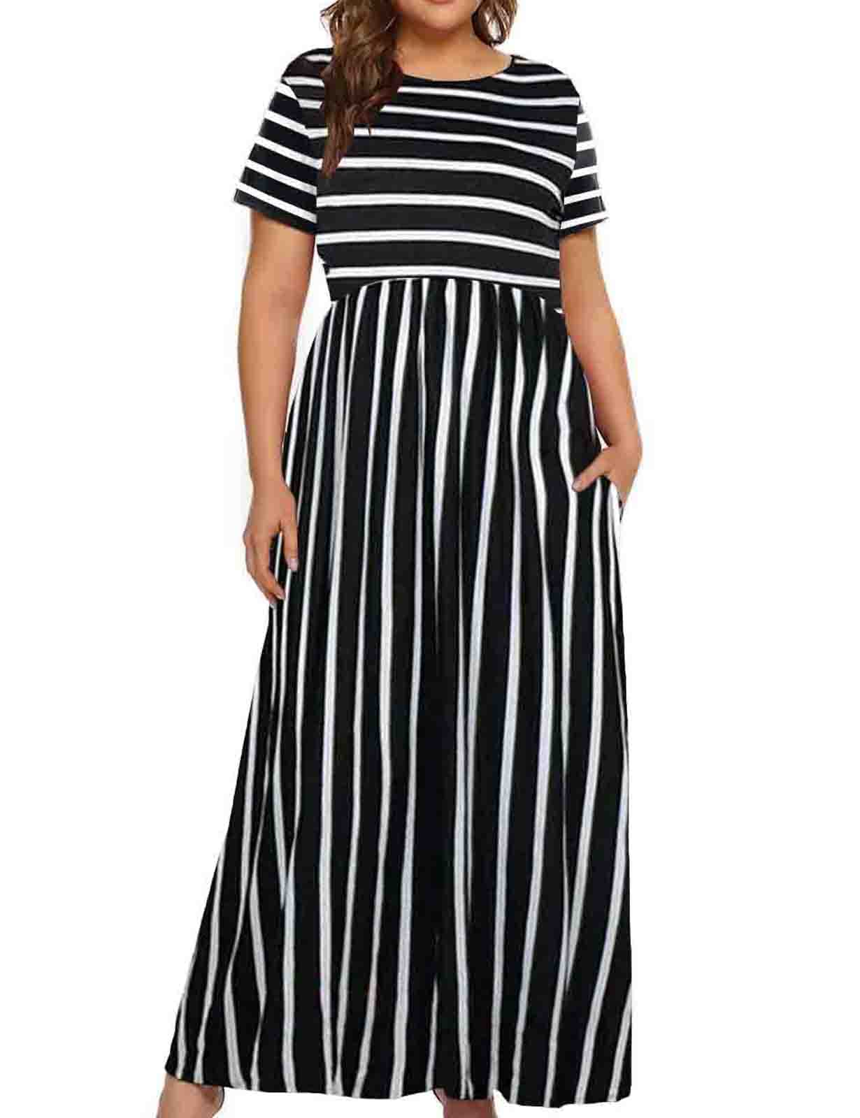 Womens Short Sleeve Bande Elastic Waist Casual Summer Plus Size Dress with Pocket 2X