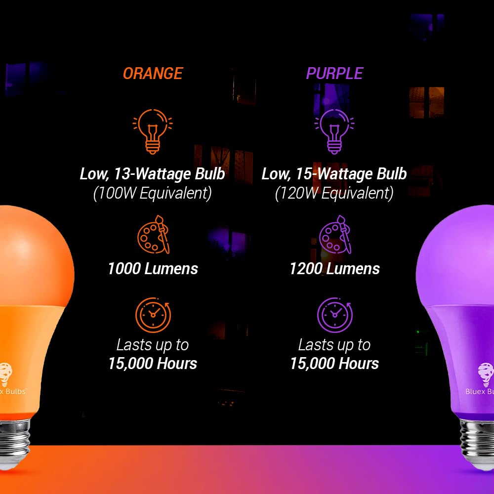 4 Pack Bluex Led A21 Purple Orange Light Bulbs - 15W (120Watt Equivalent) - E26 Base Purple Orange Led Party Decoration, Porch,