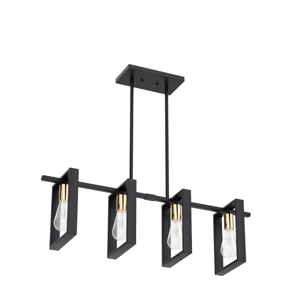 9Mmml 4 Lights Wood Chandelier,Industrial Rectangle Linear Dining Room Pendant Light, Black Wood Frame+Gold E26 Socket,Kitchen I