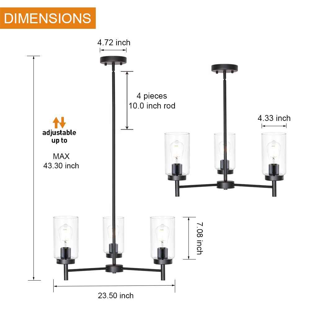 VINLUZ Farmhouse Chandelier Black 3 Light Metal Pendant Light Model 1810-3-11