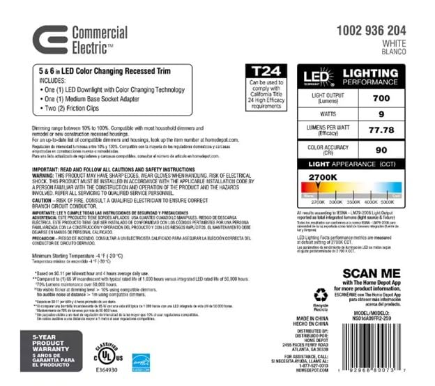 Commercial Electric 5/6" LED Recessed Trim Downlight - Energy Star, Color Changing, White, Model NS01aA11FR1-259