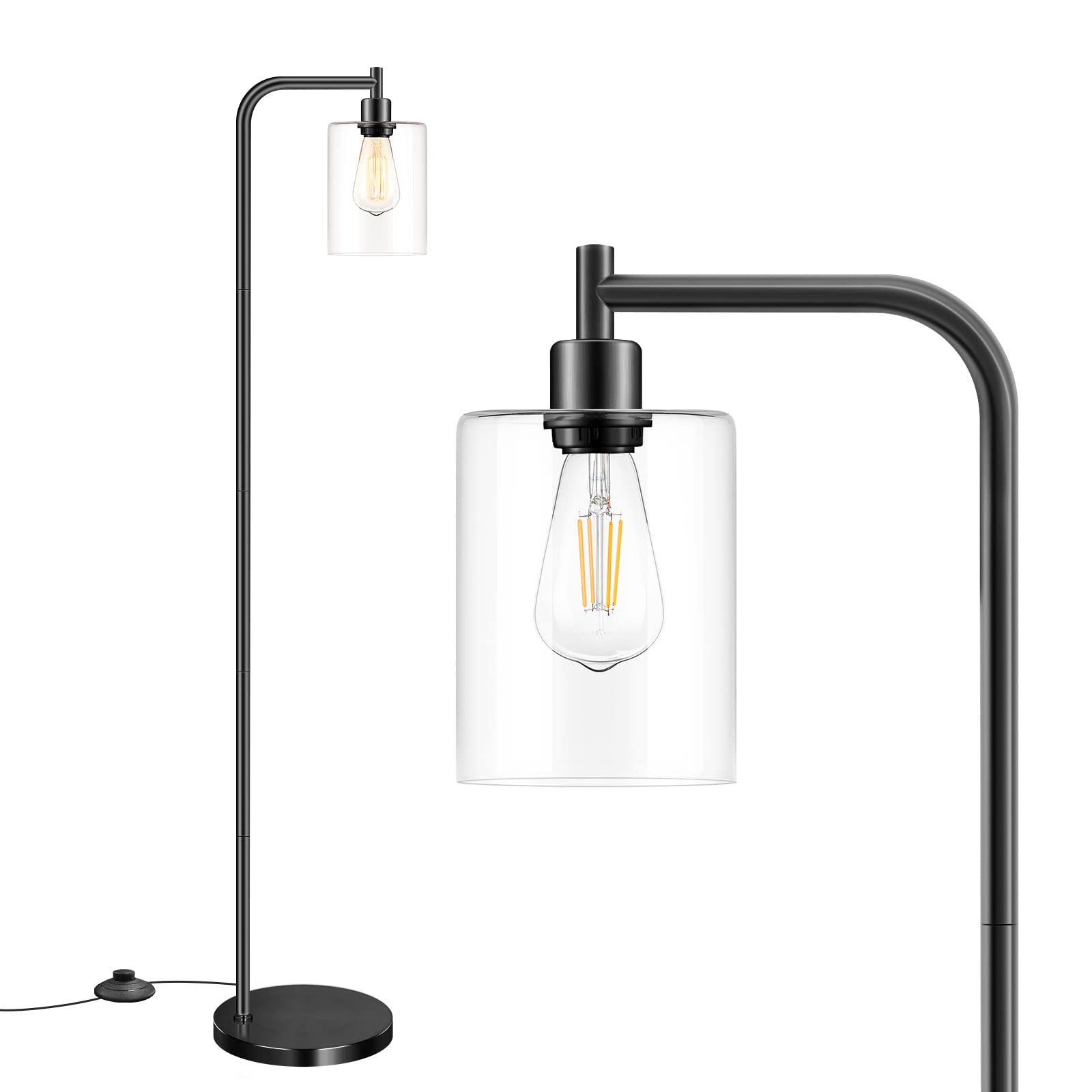 Bosceos Industrial Floor Lamp Black Metal with Hanging Glass Shade E26 Base Vintage Rustic Model JF19108A.BK.C12