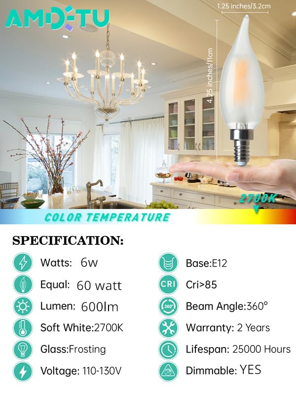 Frosted Led Candelabra Bulb E12 Small Base, 60 Watt Equivalent 2700K Soft White Ca10 Candle Dimmable Chandelier Light, Long-Last