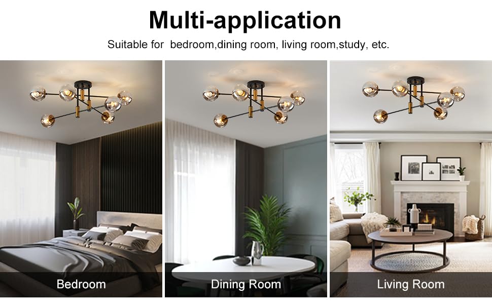 DDLLDESHI 6-Light Glass Globe Sputnik Chandelier - Modern Matte Black & Gold - Vintage Ceiling Light for Living Room, Kitchen, Bedroom
