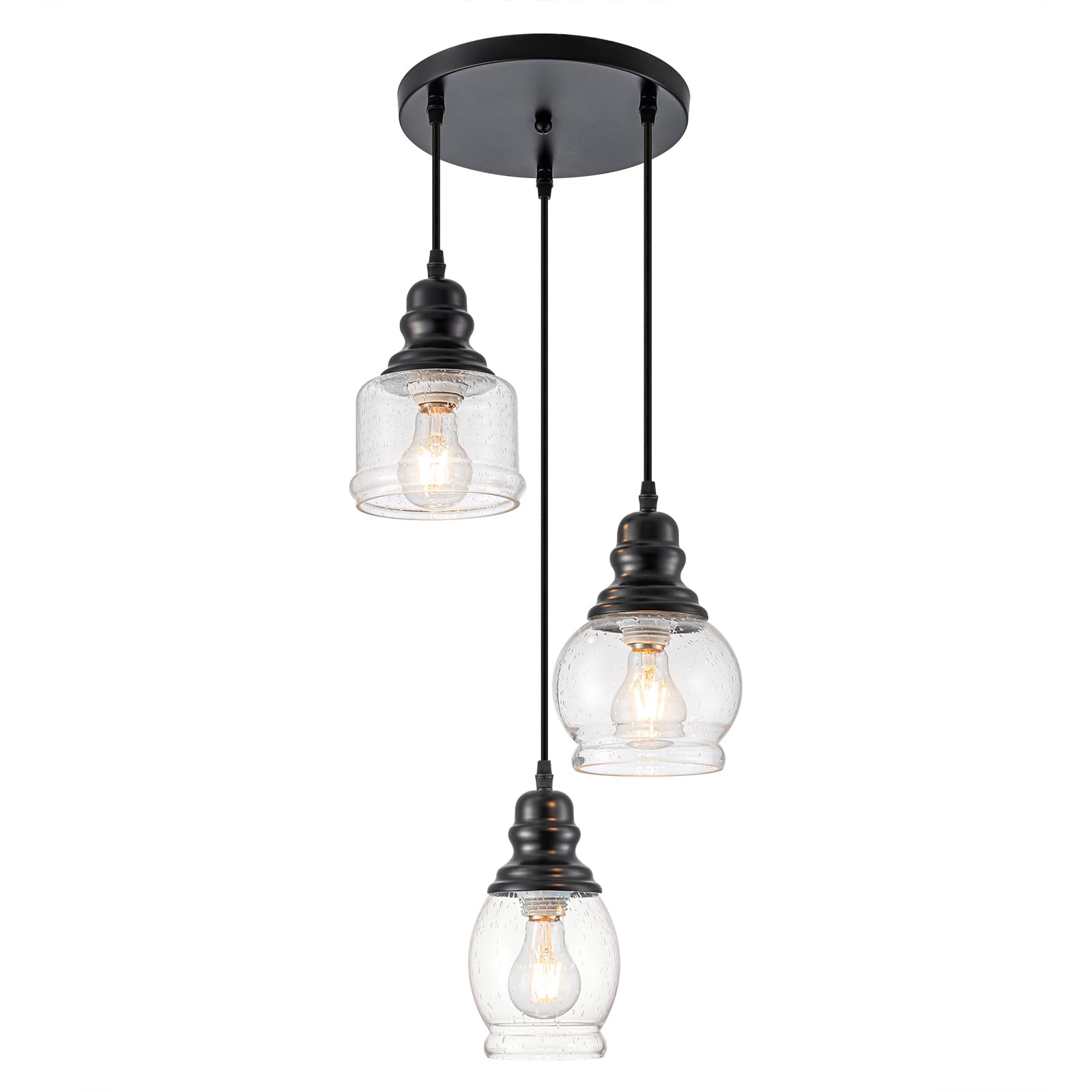 WILON 3 Light Pendant Light Fixtures, Pendant Lighting for Kitchen Island Industrial Hanging Pendant Lighting with Seeded Glass 