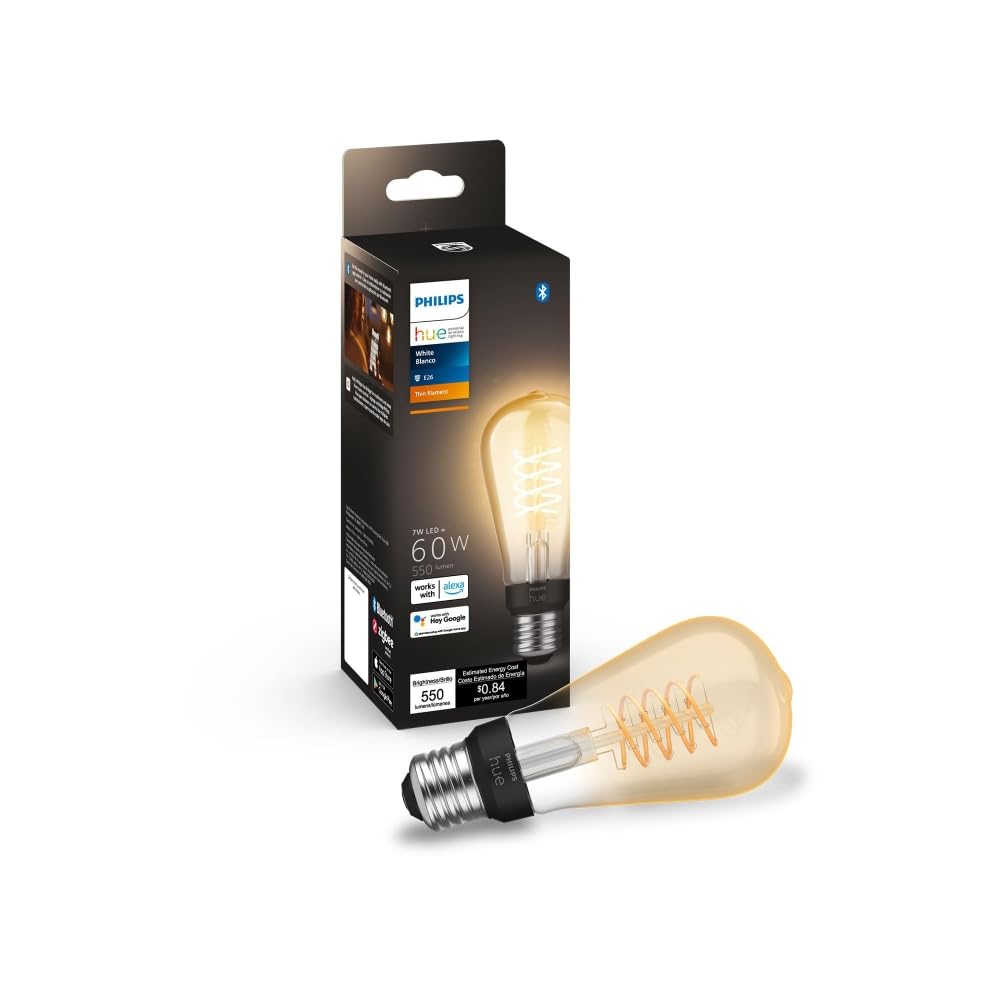 Philips Hue Smart 60W St19 Filament Led Bulb - Soft Warm White Light - 1 Pack - 550Lm - E26 - Indoor - Control With Hue App - Co
