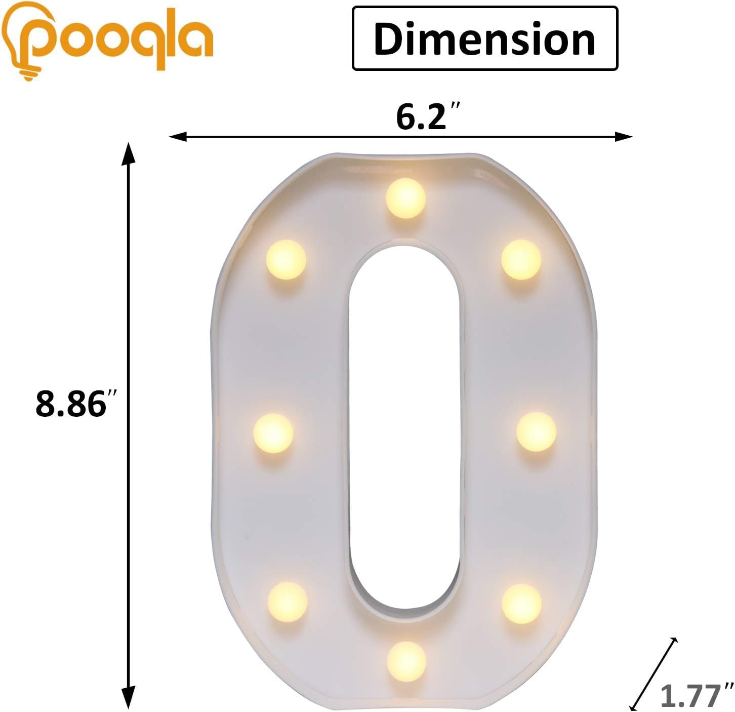 Pooqla LED Light Up Number 0, Decorative Marquee Light, Warm & Cool White, Plastic, Model DENC-BP-01