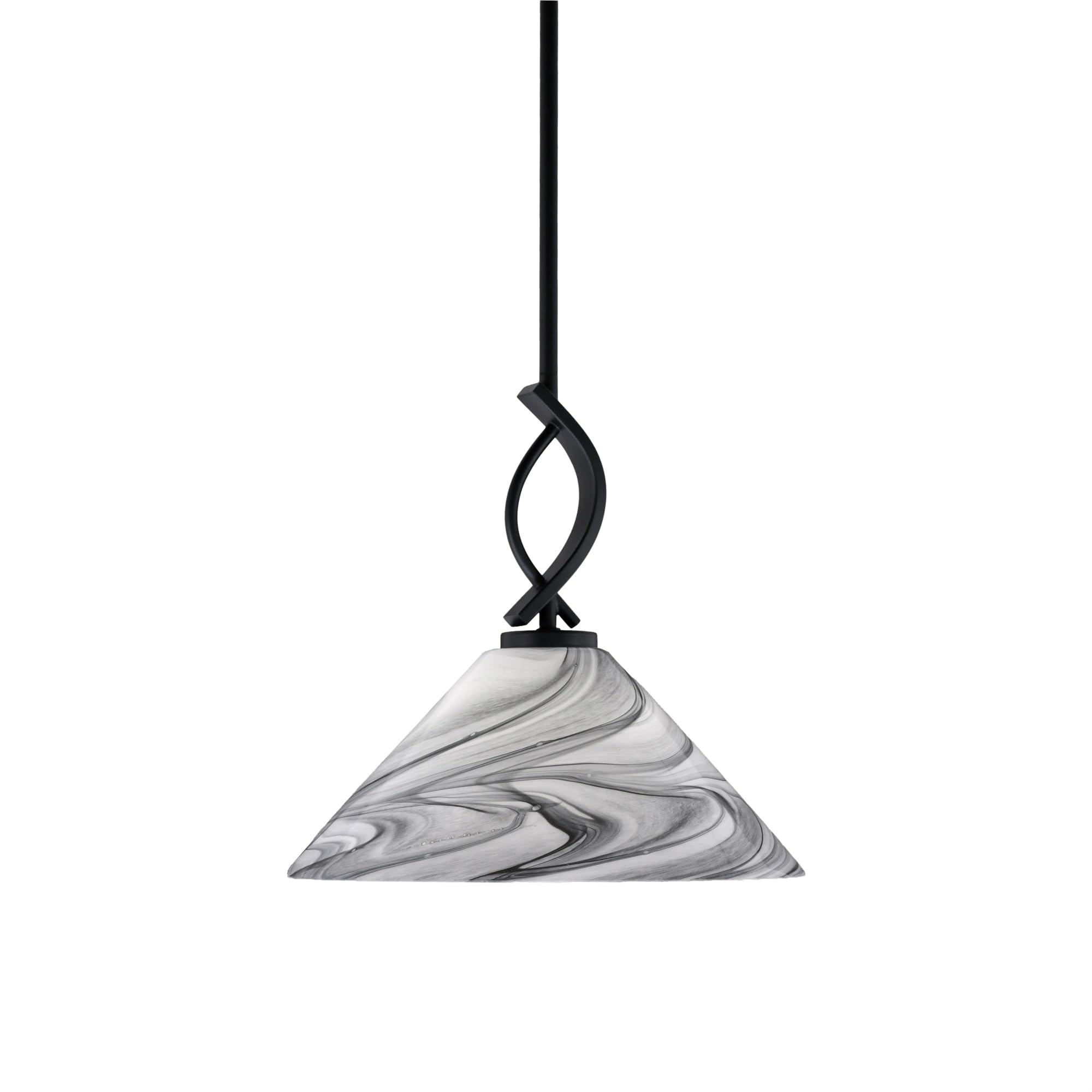 Cavella 1 Light Stem Mini Pendant Shown in Matte Black Finish with 12&quot; Onyx Swirl Glass