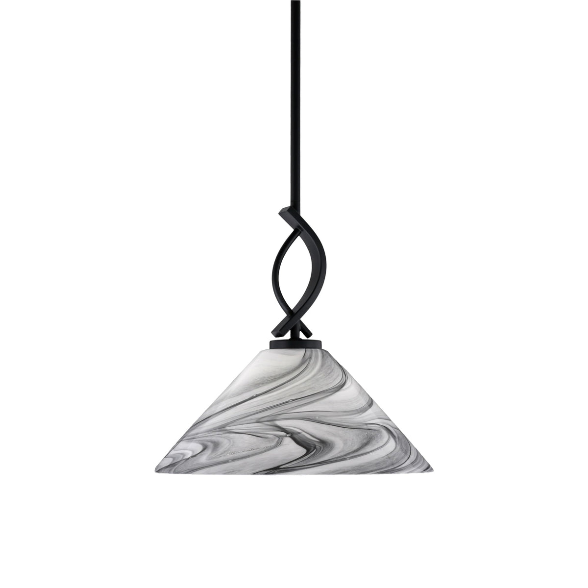 Cavella 1 Light Stem Mini Pendant Shown in Matte Black Finish with 12&quot; Onyx Swirl Glass