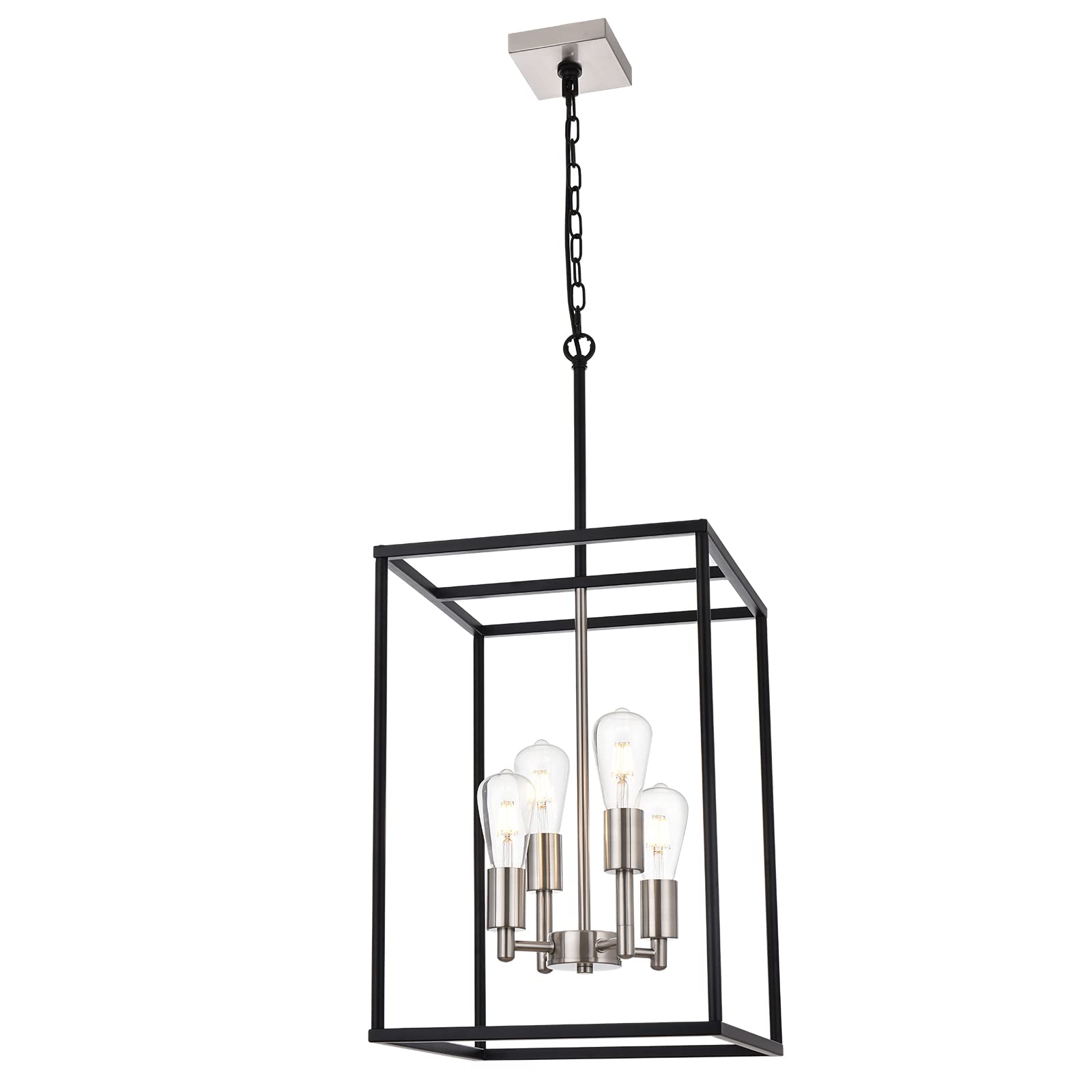 VINLUZ 4-Light Lantern Chandelier, Metal, Black & Nickel, Industrial Farmhouse Pendant Lighting, Model 270-4BS, for Dining Room & Kitchen Island