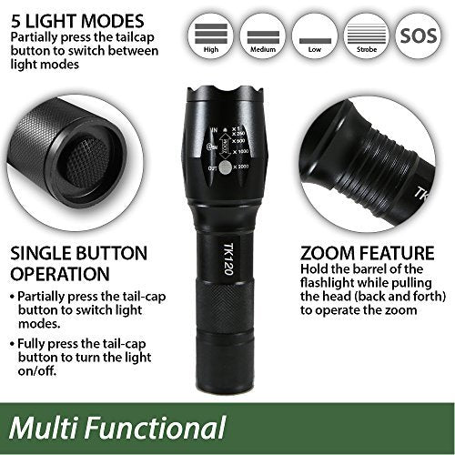 EcoGear FX LED Flashlights - 5 Light Modes, Zoomable Beam - Black - Model TK120-2PK - 2 Pack