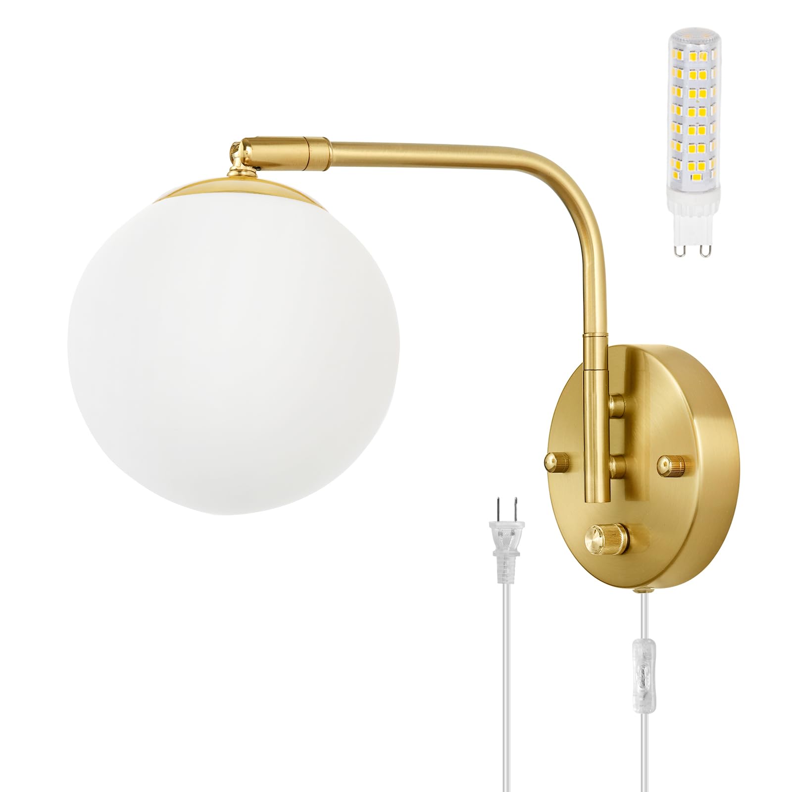 Vatoni Wall Sconces Plug In, Dimmable Swing Arm Wall Lights With Plug In Cord And Dimmer On/Off Knob Switch, Dimmable Wall Light