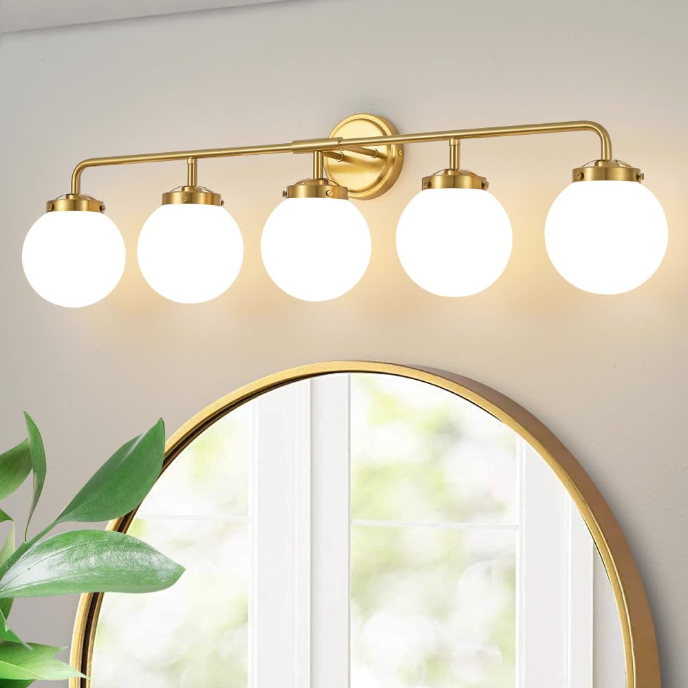 Deyidn Gold Bathroom Light Fixtures 5-Light Wall Sconce with Milk White Glass Globe Shade, Model 1758