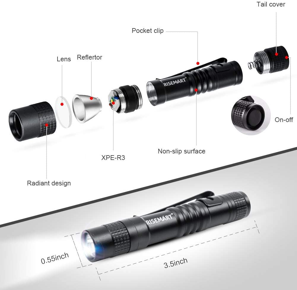 Risemart Super Small Mini Flashlight Aaa 100 Lumens Ultra Bright Led Pen Light Pocket Clip Tactical Torch Lamp(3.5'')
