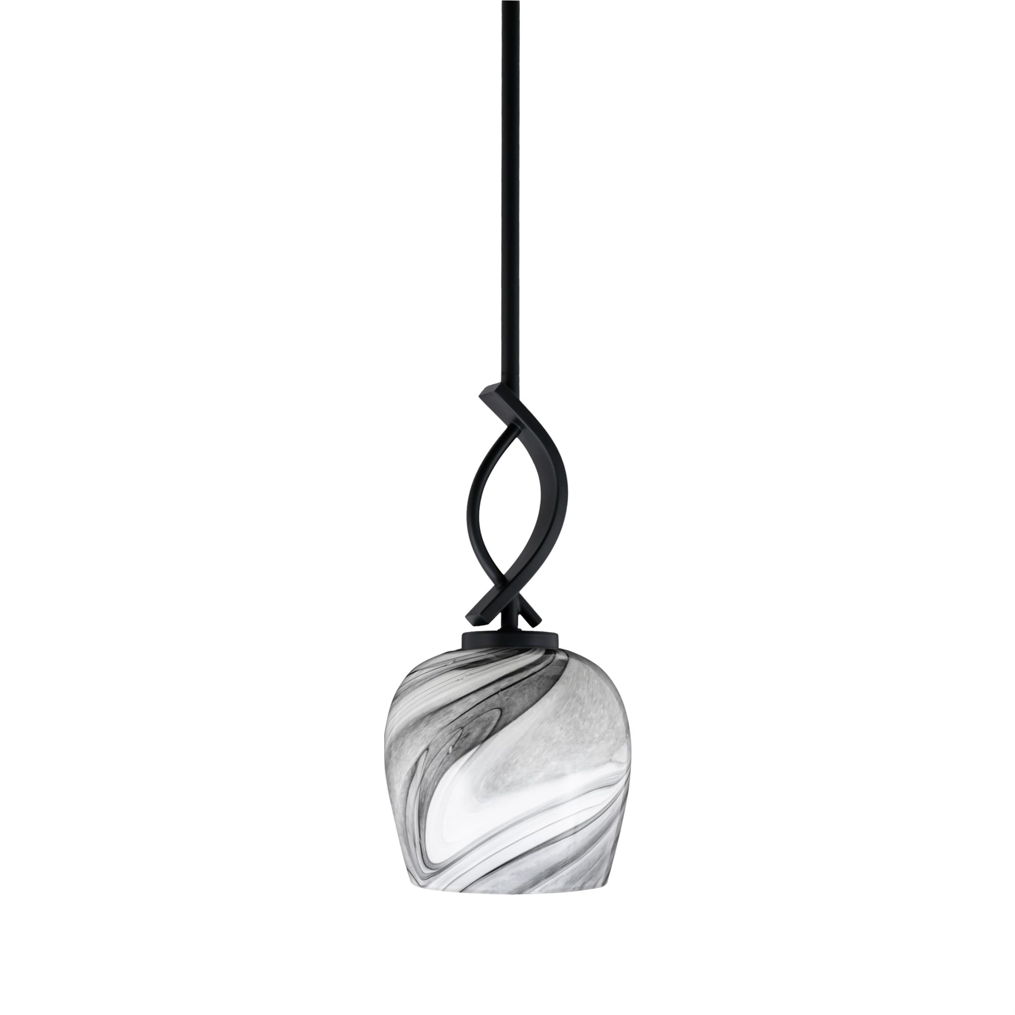 Cavella 1 Light Stem Mini Pendant Shown in Matte Black Finish with 6&quot; Onyx Swirl Glass