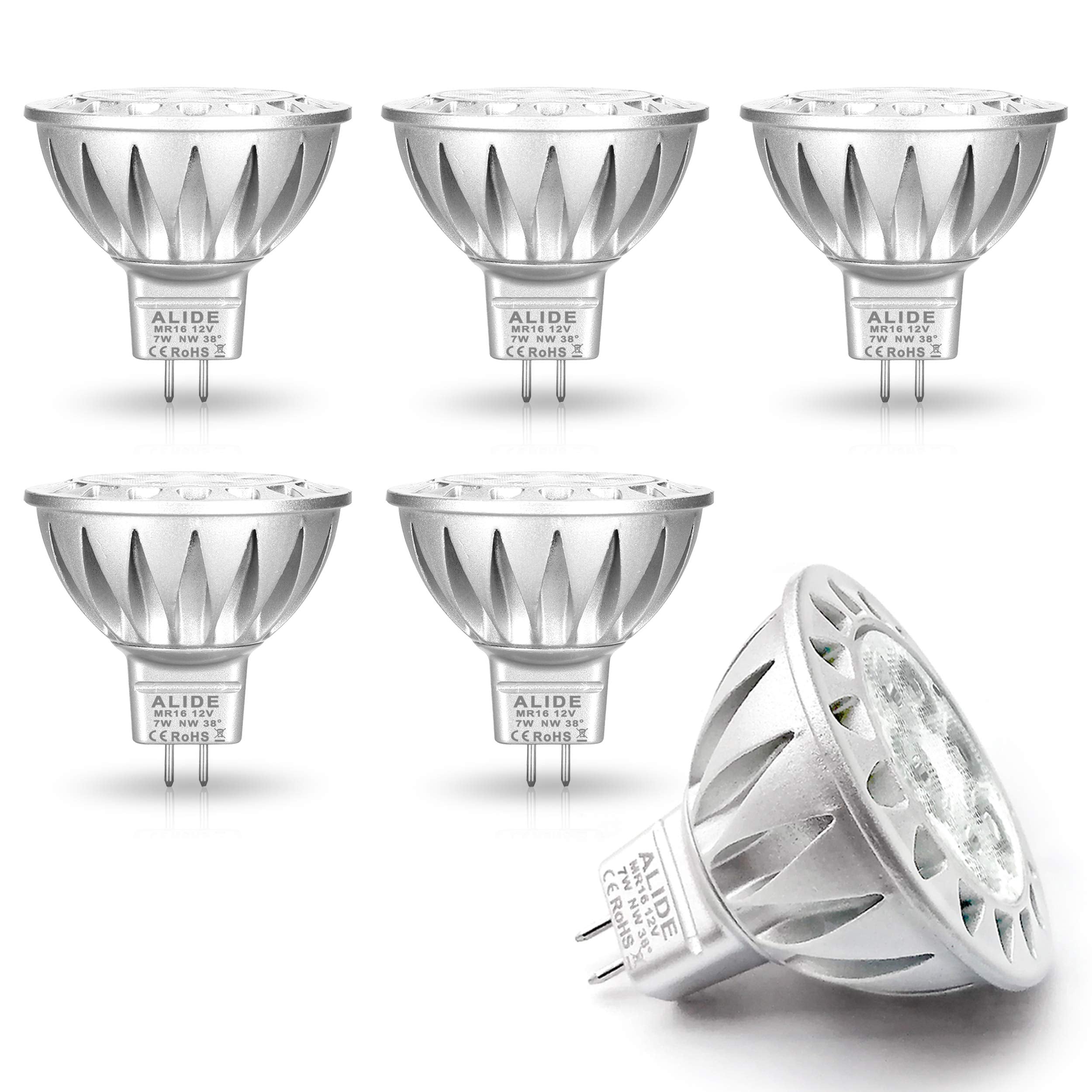 ALIDE MR16 7W LED Bulbs, 4000K Natural White, 560lm, 6 Pack, GU5.3, Non-Dimmable, 12V Low Voltage
