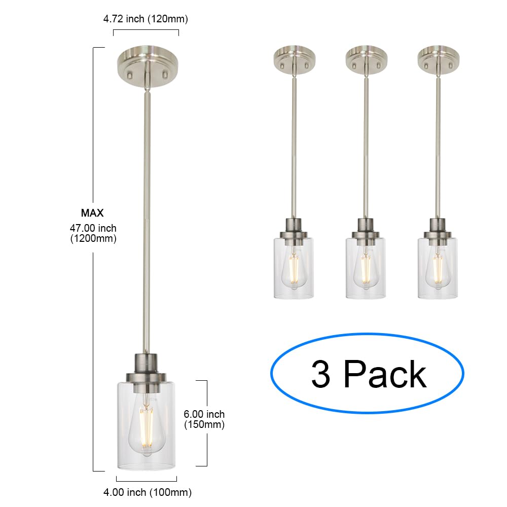 Melucee 3 Pack Kitchen Island Pendant Lighting Adjustable Hanging Ceiling Lamp Brushed Nickel Finish With Clear Glass Shade For