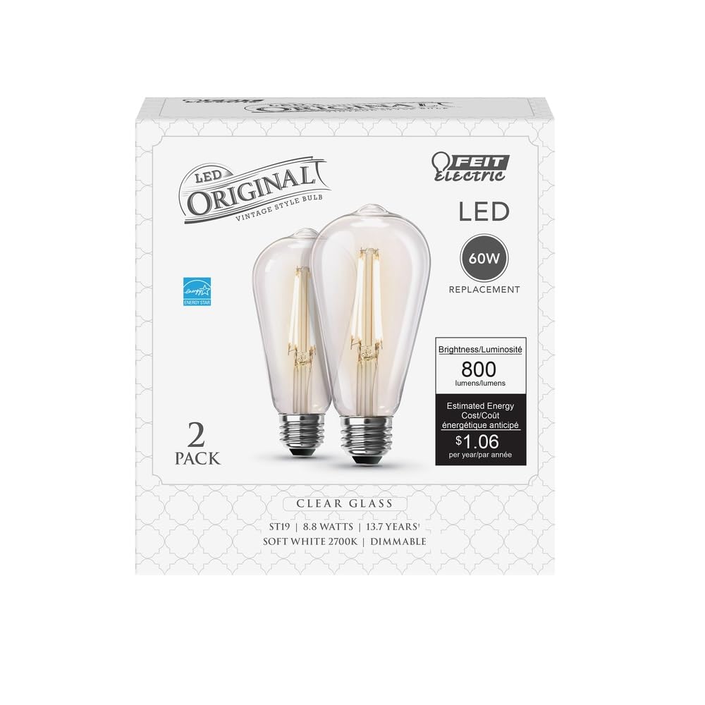 Feit Electric Vintage Edison LED Light Bulb, Dimmable, 60W Equivalent, 2700K Soft White, E26 Base, 2 Pack, Model ST1960/CL/