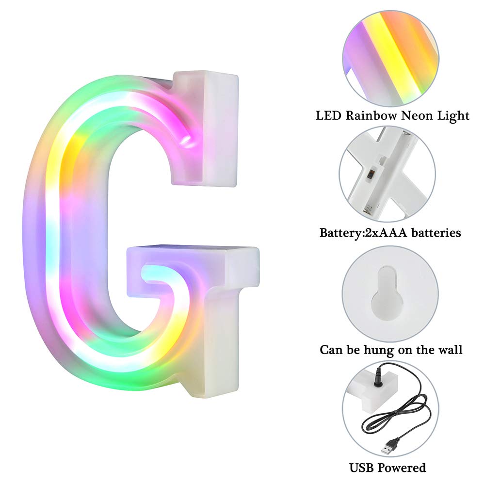 WARMTHOU Neon Letter Lights - 26 Alphabet Bar Sign, USB/Battery Powered, Letter G, Colorful Decor for Weddings, Birthdays, and Parties