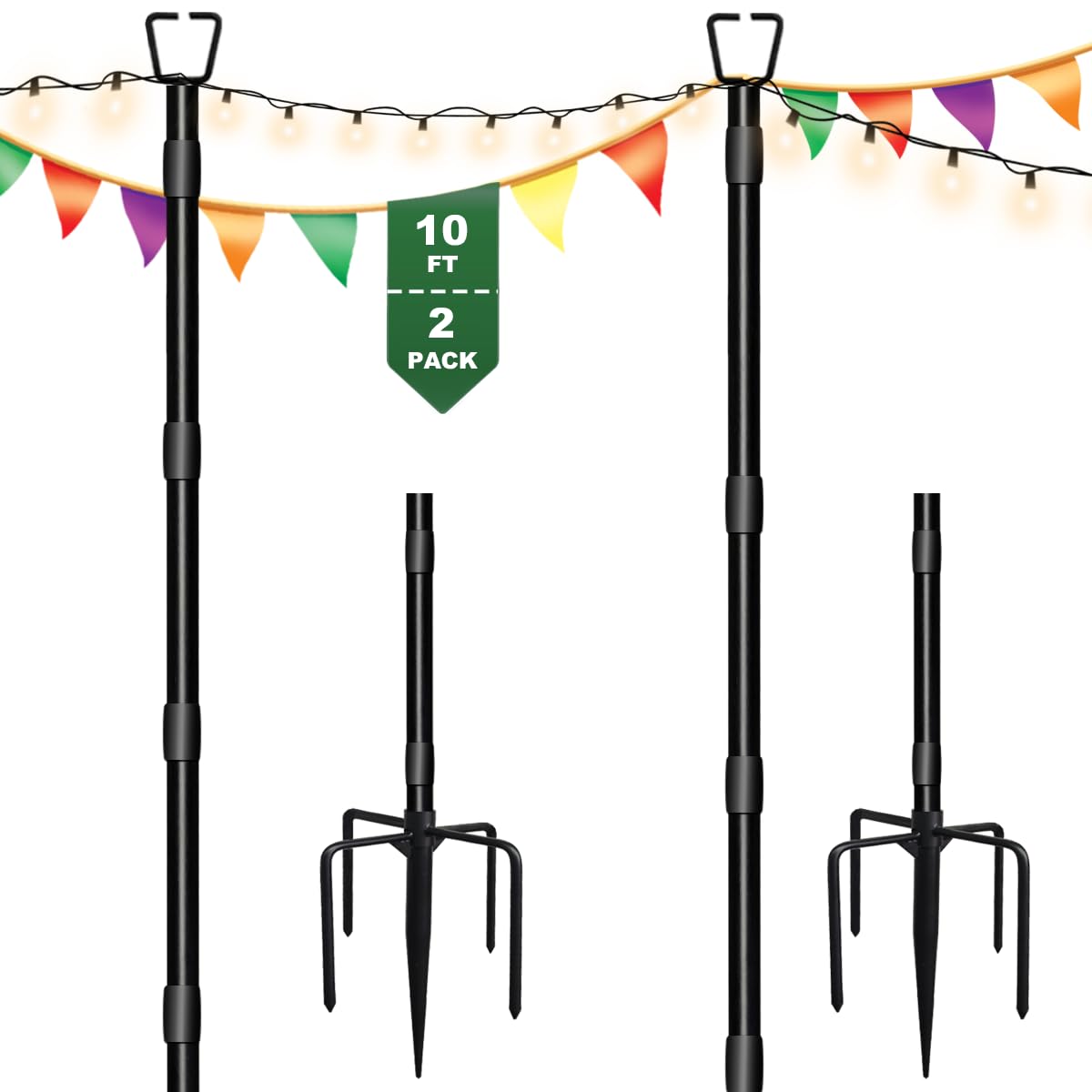 Tigerden 10Ft String Light Poles for Outside - 2 Pack Adjustable Metal Poles for Outdoor String Lights  Rustproof & Sturdy Light Stand Posts for Patio  Backyard  Deck  Garden  Party Decorations
