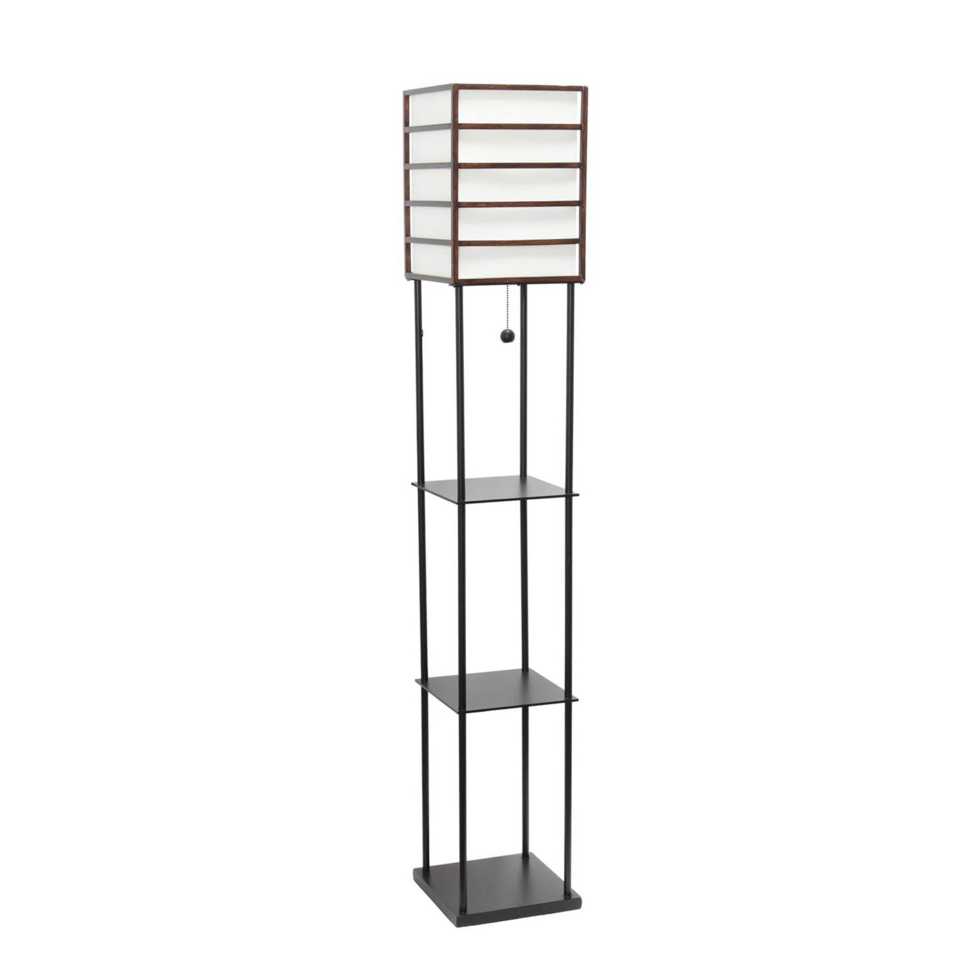 LALIA HOME Metal Etagere Floor Lamp with Linen Shade, Dark Wood, Model LHF-5055-DW, Storage Shelves