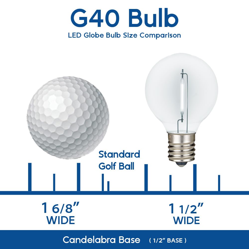 Novelty Lights 25 Pack Pure White G40 Led Filament String Light Bulbs  E12/C7 Candelabra Base  5 Watt Equivalent  Shatterproof Replacement Bulbs For Patios  Canopy Lighting