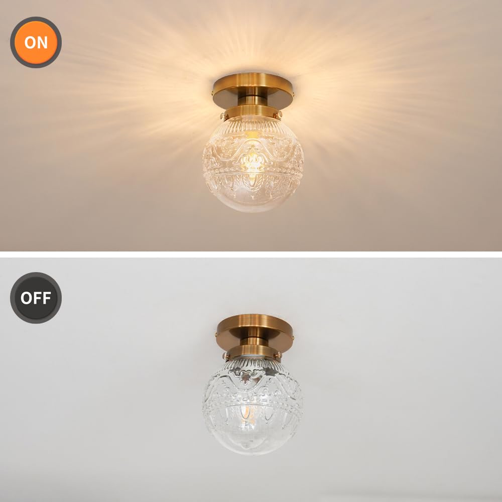 Daunton Semi Flush Mount Ceiling Light, Modern Globe Clear Glass Ceiling Light Fixture, Vintage Small Brass Gold Hallway Light Fixtures For Kitchen, Entryway, Bathroom, Closet