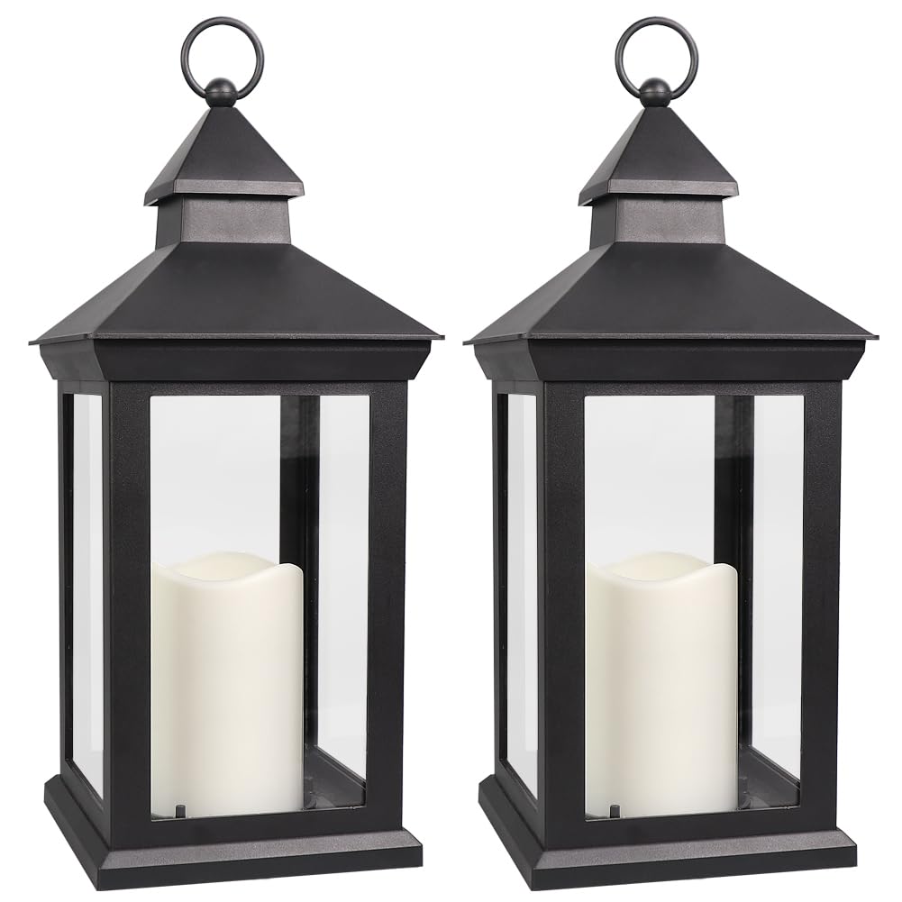 Bright Zeal 2-Pack 14'' Candle Lanterns Outdoor Waterproof Decorative Lights with Timer - Cool White Decorative Indoor LED Lante