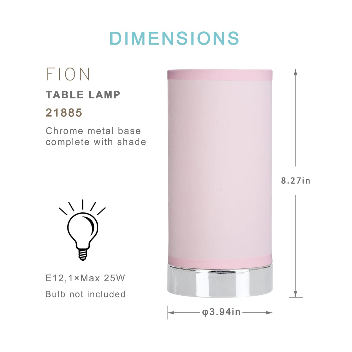 Lampwell FION Small Table Lamp, Metal and Fabric, 8.27in Height, Pink, Model 21885, Modern Design for Living Room or Bedroom