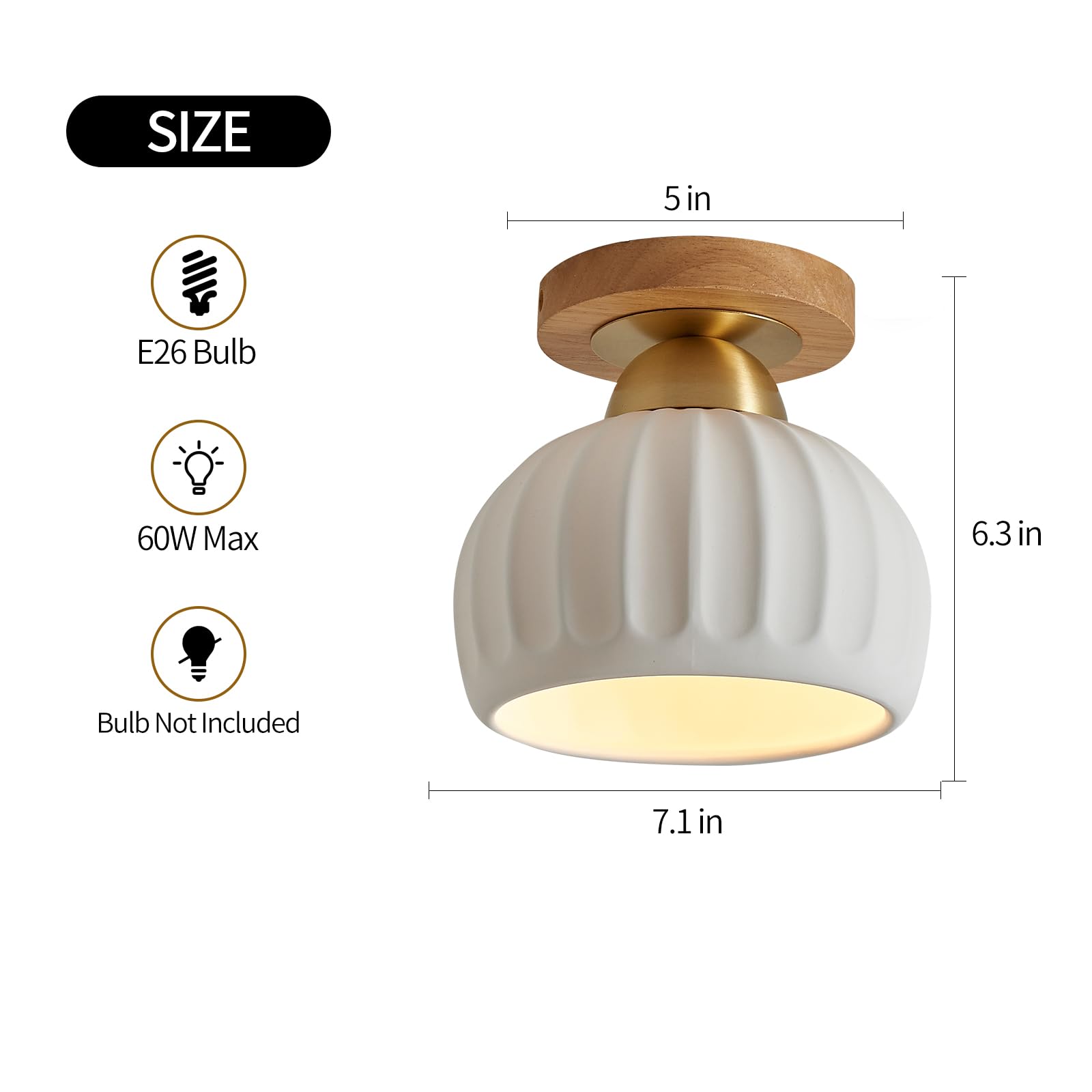Fetason 2 Pack Vintage Gold Ceramic Flush Mount Ceiling Lights, Wood Brass, YY910, Modern Fixtures for Dining Room & Hallway