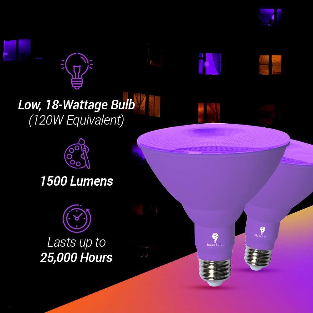 Bluex Bulbs 2 Pack LED Par38 Flood Light - 18W Dimmable Purple Bulbs for Home & Party Decor - E26 Base - Purple
